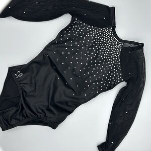 Sylvia P Black Crystal Embellished Sheer Sleeve Gymnastics Leotard Body suit Sz8